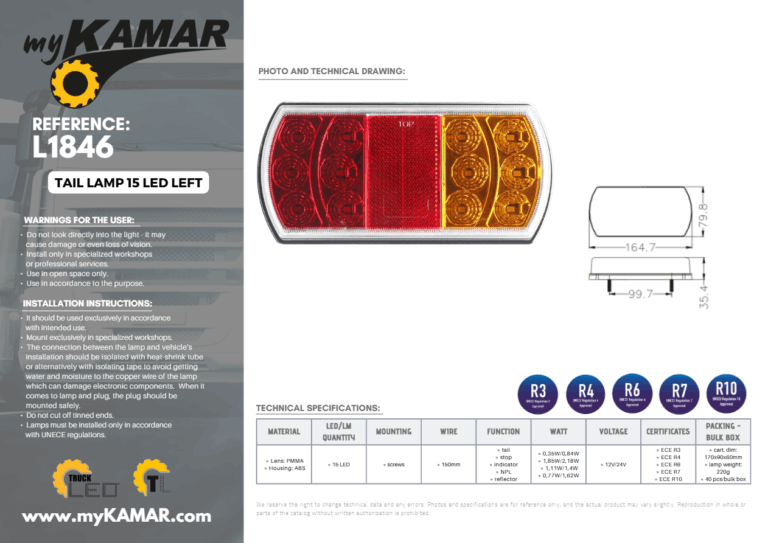 Trailer Parc - Lămpi, stopuri - Lampa spate 15 LED stanga L1846 12/24 V